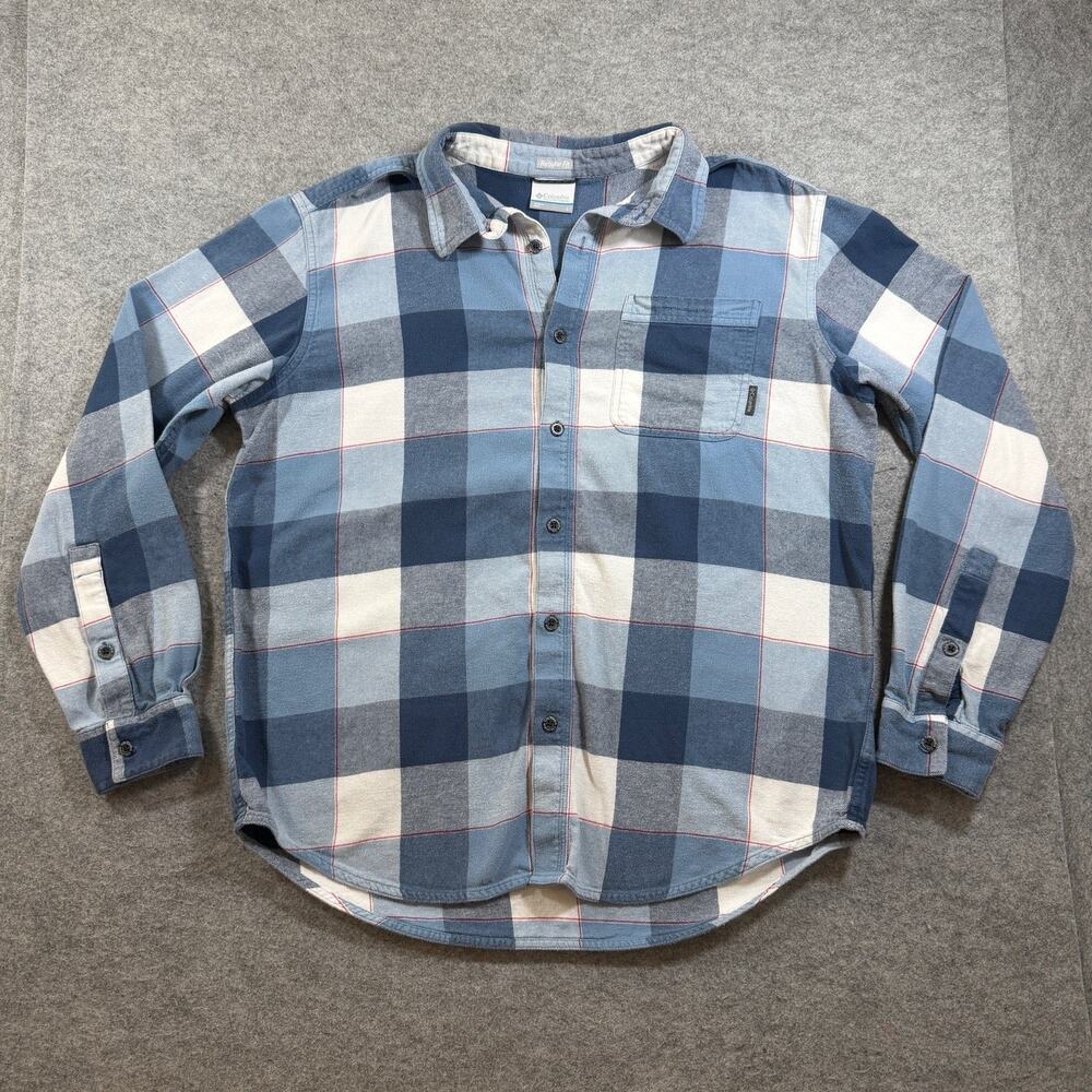 Columbia Flannel Shirt Mens L Blue Plaid Button Up Pocket Outdoor Workwear Hike